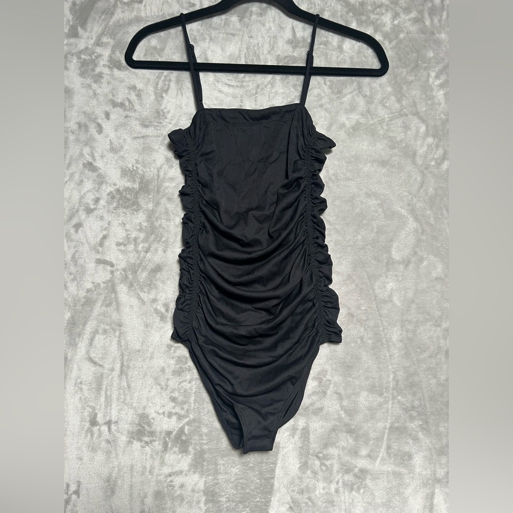Intimately Free People Bodysuit Small Black Rouched Square Neck Adjustable